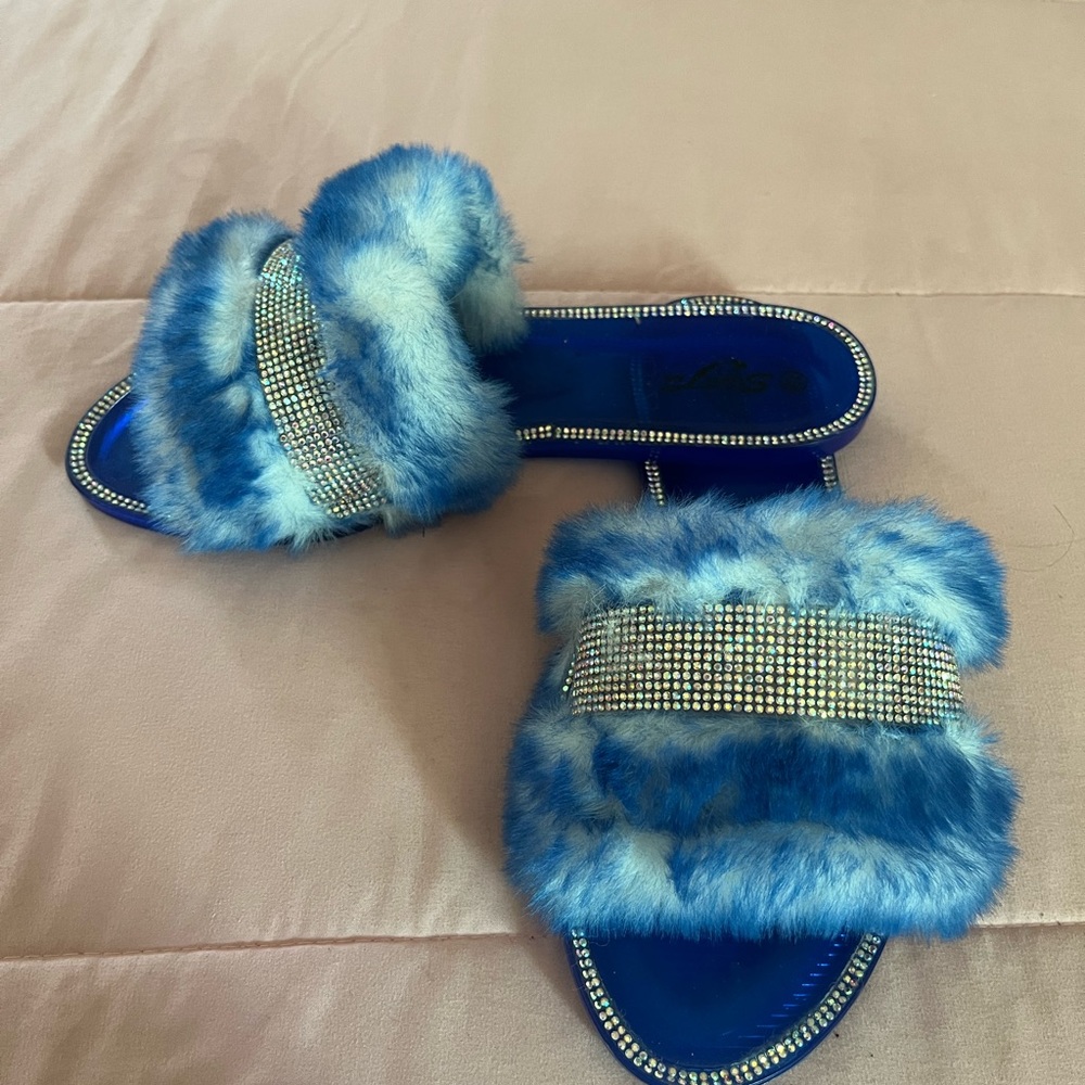 Blingy Blue Fuzzy Slip Ons